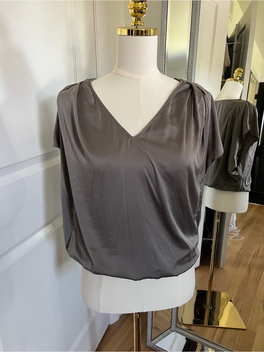 Ramy Brook Silk V-Neck Short Sleeve Top - Charcoal Gray